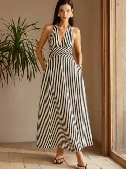 Clearance Stripe Backless Pockets Dress White Dresses|Casual Dresses