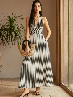 Clearance Stripe Backless Pockets Dress White Dresses|Casual Dresses