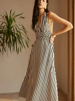 Clearance Stripe Backless Pockets Dress White Dresses|Casual Dresses