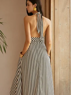 Clearance Stripe Backless Pockets Dress White Dresses|Casual Dresses