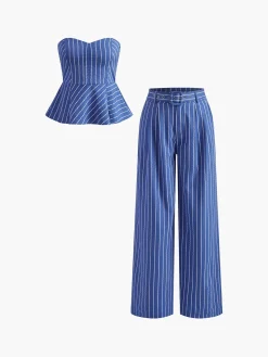 Outlet Stripe Belted sweetheart Pants Set Pants Sets|Matching Sets