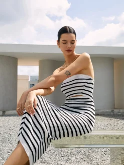 Best Stripe Cutout Rib Midi Tube Dress White Dresses|Sweater Dresses