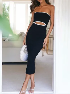 Best Stripe Cutout Rib Midi Tube Dress White Dresses|Sweater Dresses
