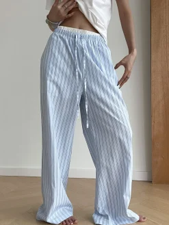 Stripe Loose Double-Waisted Tie Front Pants Pants|Bottoms