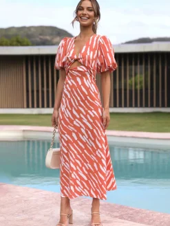 Discount Stripe Pattern Cutout Long Dress Casual Dresses|Vacation Dresses