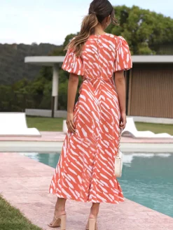 Discount Stripe Pattern Cutout Long Dress Casual Dresses|Vacation Dresses