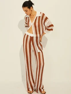 Clearance Stripe Polo Knit Pants Set Sweater Tops|Sweaters & Cardigans