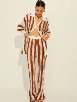 Clearance Stripe Polo Knit Pants Set Sweater Tops|Sweaters & Cardigans