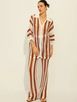 Clearance Stripe Polo Knit Pants Set Sweater Tops|Sweaters & Cardigans
