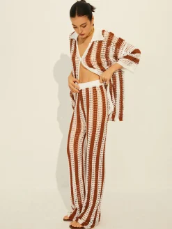 Clearance Stripe Polo Knit Pants Set Sweater Tops|Sweaters & Cardigans