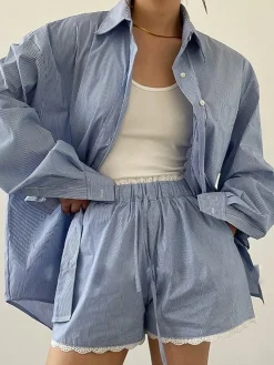 Sale Stripe Textured Long Sleeve Shorts Set Shorts Sets|Shorts