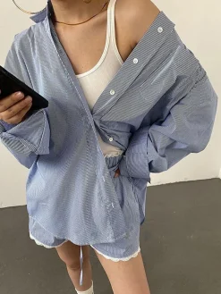 Sale Stripe Textured Long Sleeve Shorts Set Shorts Sets|Shorts