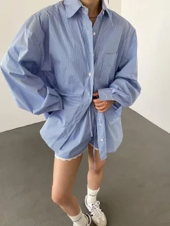 Sale Stripe Textured Long Sleeve Shorts Set Shorts Sets|Shorts