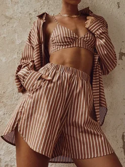 New Stripe Three Piece Shorts Set Shorts Sets|Long Sleeve Sets