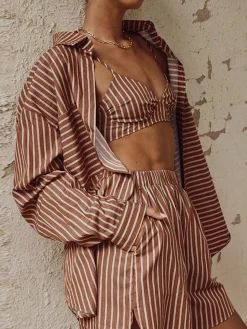 New Stripe Three Piece Shorts Set Shorts Sets|Long Sleeve Sets