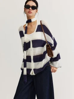 Outlet Striped Breasted Thin Cardigan With Scarf Cardigans|Sweaters & Cardigans