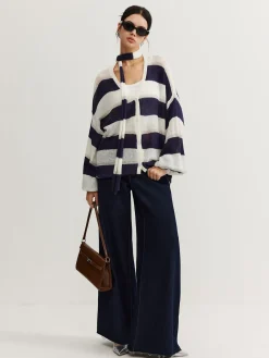 Outlet Striped Breasted Thin Cardigan With Scarf Cardigans|Sweaters & Cardigans