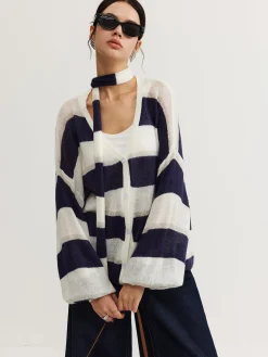 Outlet Striped Breasted Thin Cardigan With Scarf Cardigans|Sweaters & Cardigans