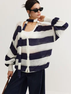 Outlet Striped Breasted Thin Cardigan With Scarf Cardigans|Sweaters & Cardigans