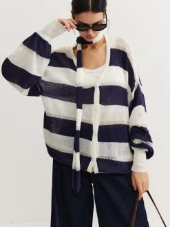 Outlet Striped Breasted Thin Cardigan With Scarf Cardigans|Sweaters & Cardigans