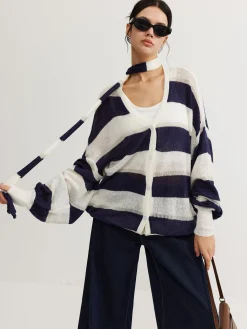 Outlet Striped Breasted Thin Cardigan With Scarf Cardigans|Sweaters & Cardigans