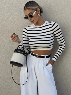 Best Striped Crop Bodycon Knit Top Sweater Tops|Sweaters & Cardigans
