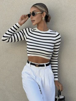 Best Striped Crop Bodycon Knit Top Sweater Tops|Sweaters & Cardigans