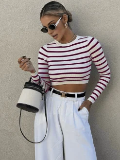 Best Striped Crop Bodycon Knit Top Sweater Tops|Sweaters & Cardigans