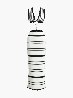 Outlet Striped Knotted Backless Skirt Set Skirt Sets|Long Sleeve Sets