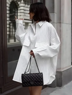 Sale Striped Large Pockets Long Sleeve Shirt Blouses & Shirts|Tops