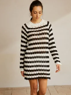Outlet Striped Lettuce Trim Hollow Sweater Sweater Tops|Sweaters & Cardigans
