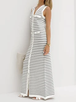 Hot Striped Metal Button Long Sweater Dress Sweater Dresses|Work Dresses