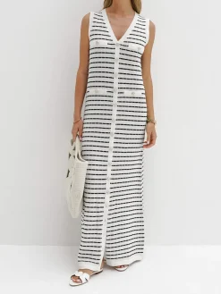 Hot Striped Metal Button Long Sweater Dress Sweater Dresses|Work Dresses