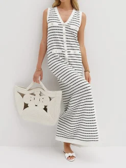 Best Striped Metal Button Long Sweater Dress White Dresses|Black Dresses