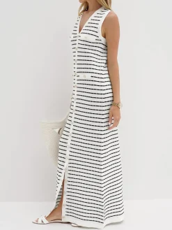 Best Striped Metal Button Long Sweater Dress White Dresses|Black Dresses