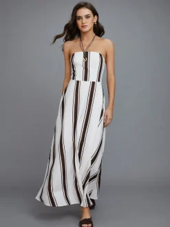 Hot Striped Off-Shoulder Long Dress White Dresses|Cocktail & Party Dresses