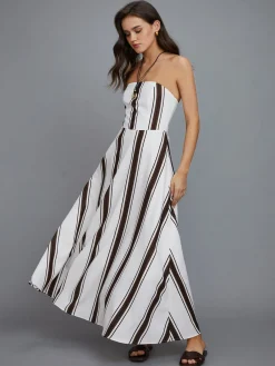 Hot Striped Off-Shoulder Long Dress White Dresses|Cocktail & Party Dresses