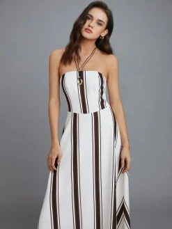 Hot Striped Off-Shoulder Long Dress White Dresses|Cocktail & Party Dresses