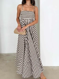New Striped Pleated Cami Long Dress Casual Dresses|Vacation Dresses