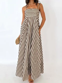 New Striped Pleated Cami Long Dress Casual Dresses|Vacation Dresses