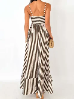 New Striped Pleated Cami Long Dress Casual Dresses|Vacation Dresses
