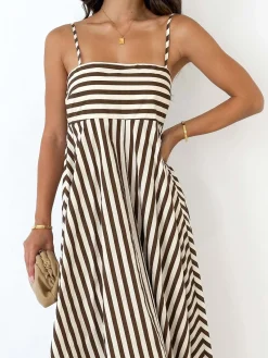New Striped Pleated Cami Long Dress Casual Dresses|Vacation Dresses