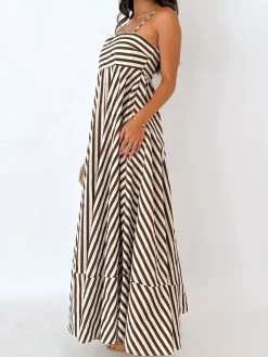 New Striped Pleated Cami Long Dress Casual Dresses|Vacation Dresses