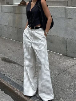 Striped Pockets Wide Leg Pants Without Belt Wide Leg|Pants