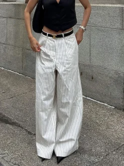 Striped Pockets Wide Leg Pants Without Belt Wide Leg|Pants