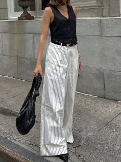 Striped Pockets Wide Leg Pants Without Belt Wide Leg|Pants