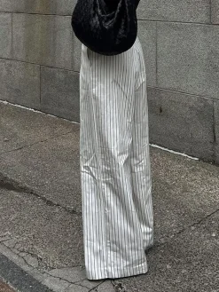 Striped Pockets Wide Leg Pants Without Belt Wide Leg|Pants