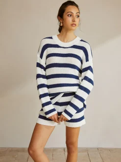 Striped Ribbed Sweater Shorts Set Shorts Sets|Shorts