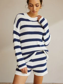 Striped Ribbed Sweater Shorts Set Shorts Sets|Shorts