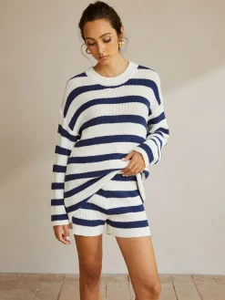 Striped Ribbed Sweater Shorts Set Shorts Sets|Shorts
